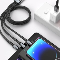 Cáp sạc tự ngắt bọc dù 100W tích hợp 3 cổng micro USB, Type C 3 trong 1