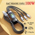 Cáp sạc tự ngắt bọc dù 100W tích hợp 3 cổng micro USB, Type C 3 trong 1