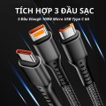 Cáp sạc tự ngắt bọc dù 100W tích hợp 3 cổng micro USB, Type C 3 trong 1