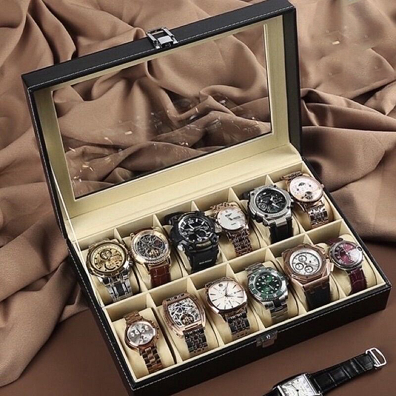 Hộp da đựng đồng hồ 12 chiếc nắp kính cao cấp