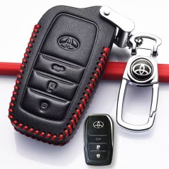 Bao da chìa khoá ô tô 3 nút bấm dành cho xe Toyota, Màu đen chỉ đỏ	