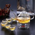 Bộ ấm trà thủy tinh 6 chén kèm đế châm nến cách nhiệt, Bộ ấm chén không khay (Có quai)
