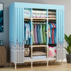 Tủ vải quần áo 3 buồng khung gỗ chắc chắn siêu bền, Màu xanh